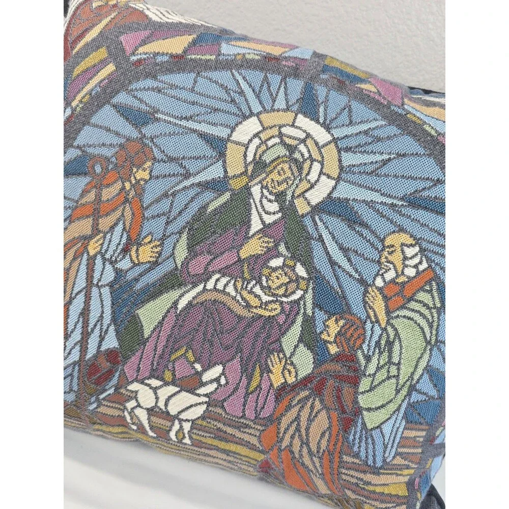 Nativity Scene Throw Pillow Stained Glass Joseph Mary Jesus Wise Men Needlepoint